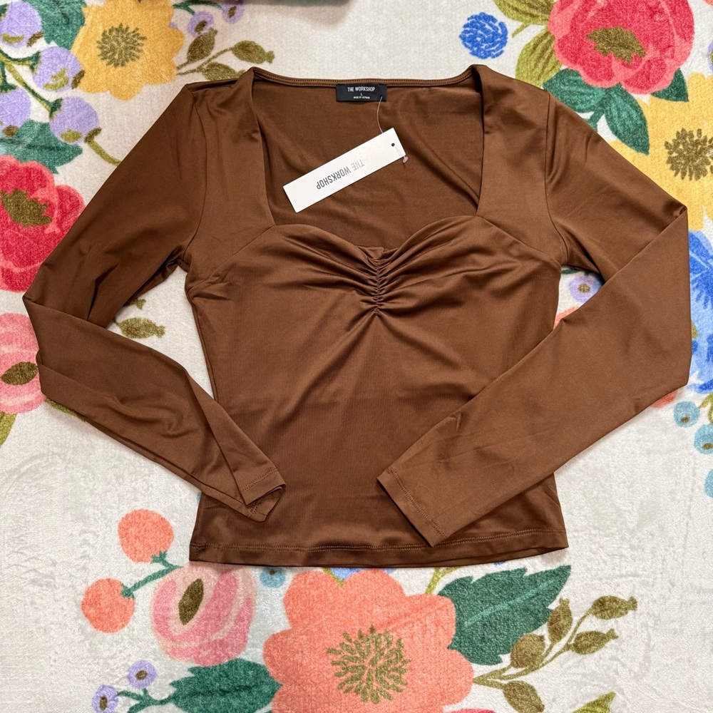 Workshop Brown Long Sleeve Fitted Sweetheart Top